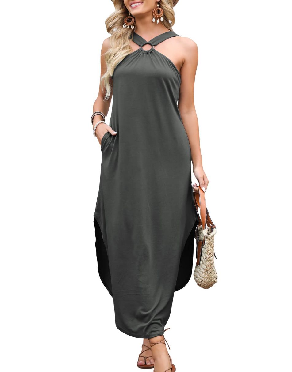 ANRABESS Criss Cross Sundress Sleeveless Split Maxi Long Beach Dress with Pockets