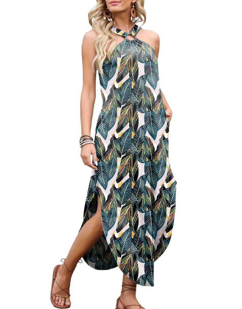 ANRABESS Criss Cross Sundress Sleeveless Split Maxi Long Beach Dress with Pockets