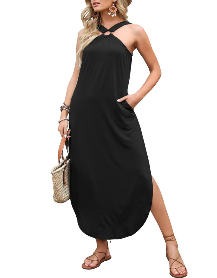 ANRABESS Criss Cross Sundress Sleeveless Split Maxi Long Beach Dress with Pockets