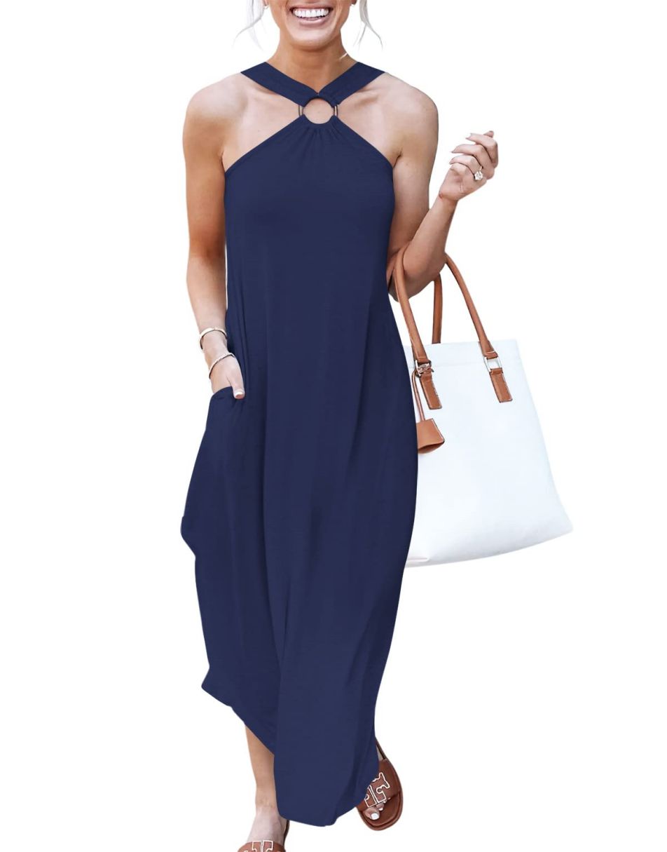 ANRABESS Criss Cross Sundress Sleeveless Split Maxi Long Beach Dress with Pockets