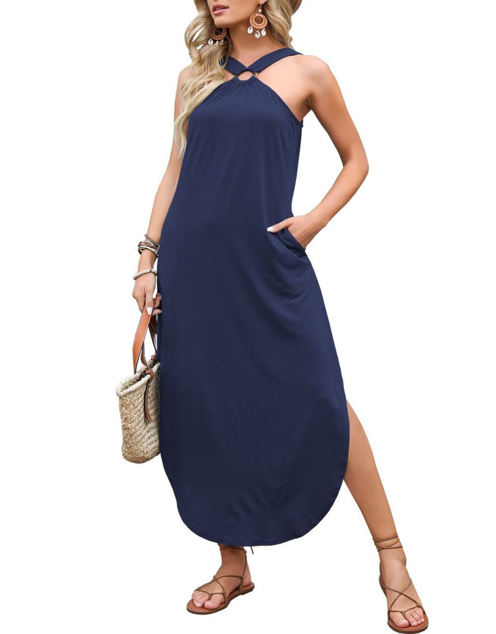 ANRABESS Criss Cross Sundress Sleeveless Split Maxi Long Beach Dress with Pockets