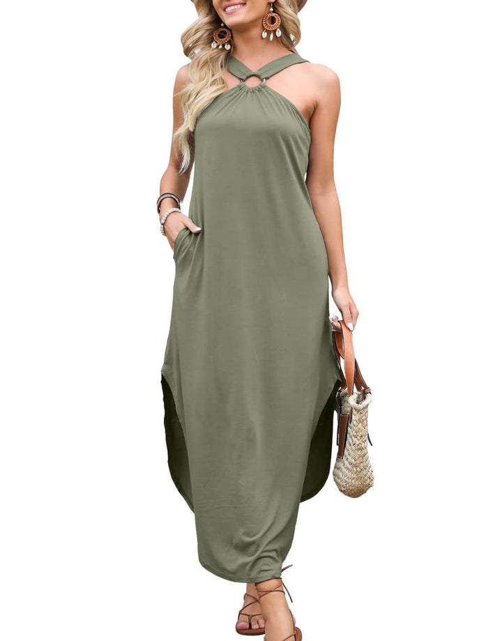 ANRABESS Criss Cross Sundress Sleeveless Split Maxi Long Beach Dress with Pockets