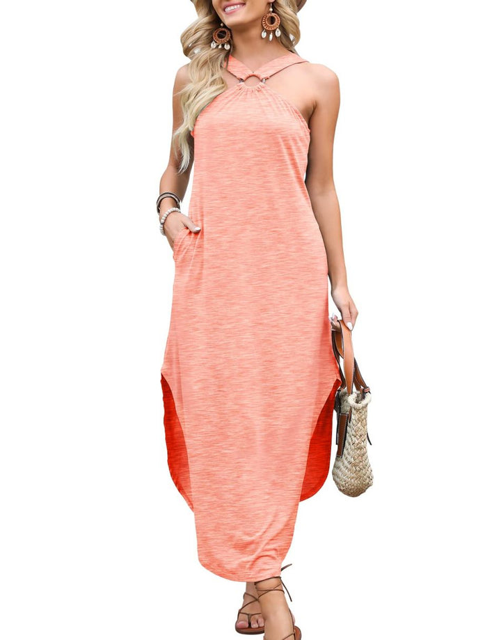 ANRABESS Criss Cross Sundress Sleeveless Split Maxi Long Beach Dress with Pockets