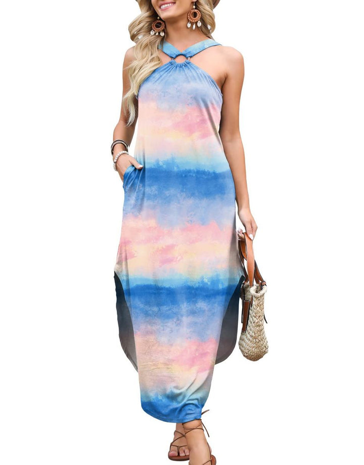 ANRABESS Criss Cross Sundress Sleeveless Split Maxi Long Beach Dress with Pockets