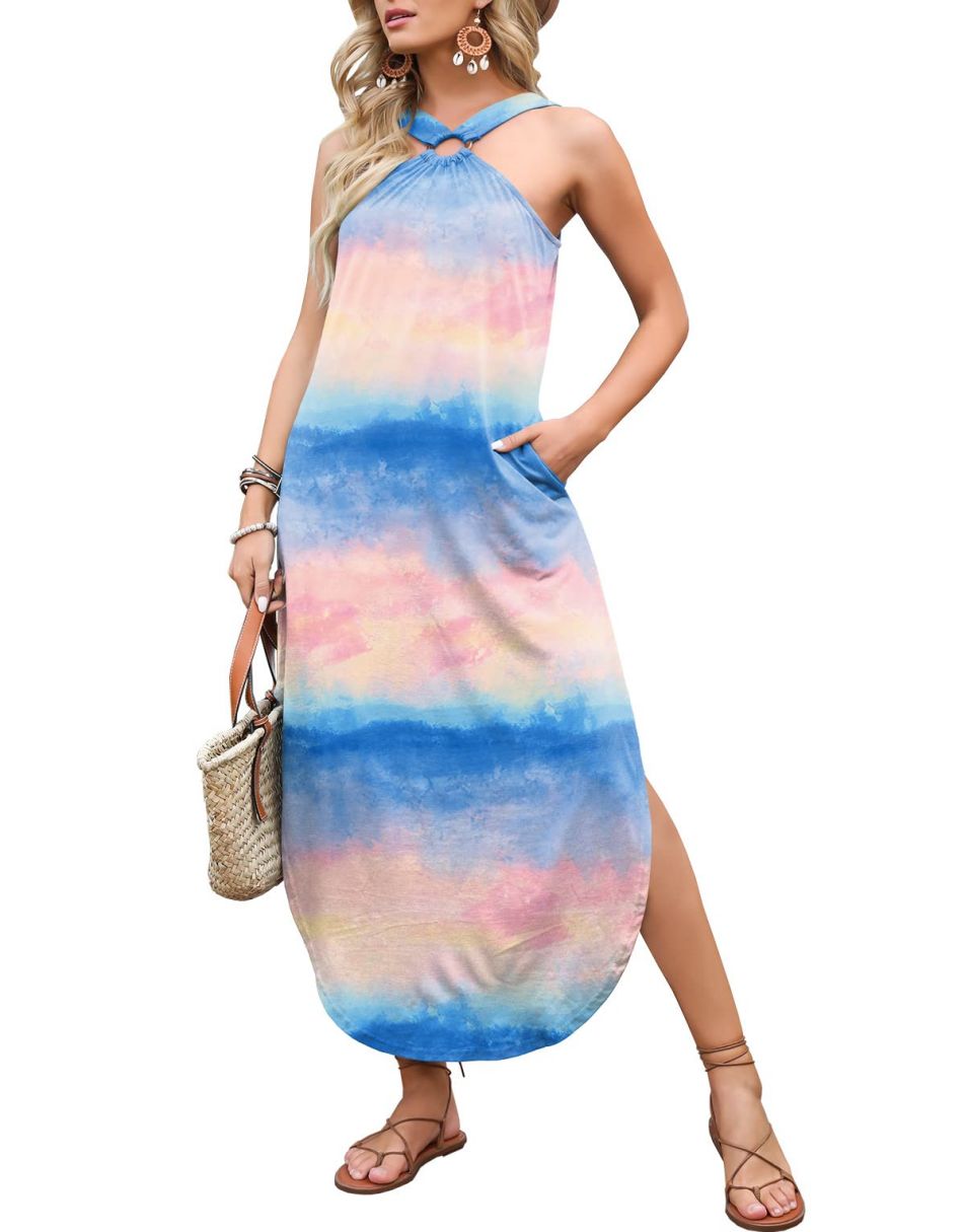 ANRABESS Criss Cross Sundress Sleeveless Split Maxi Long Beach Dress with Pockets