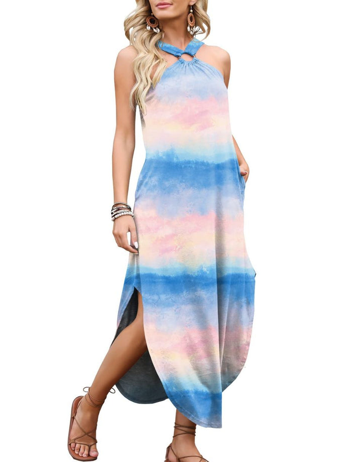 ANRABESS Criss Cross Sundress Sleeveless Split Maxi Long Beach Dress with Pockets