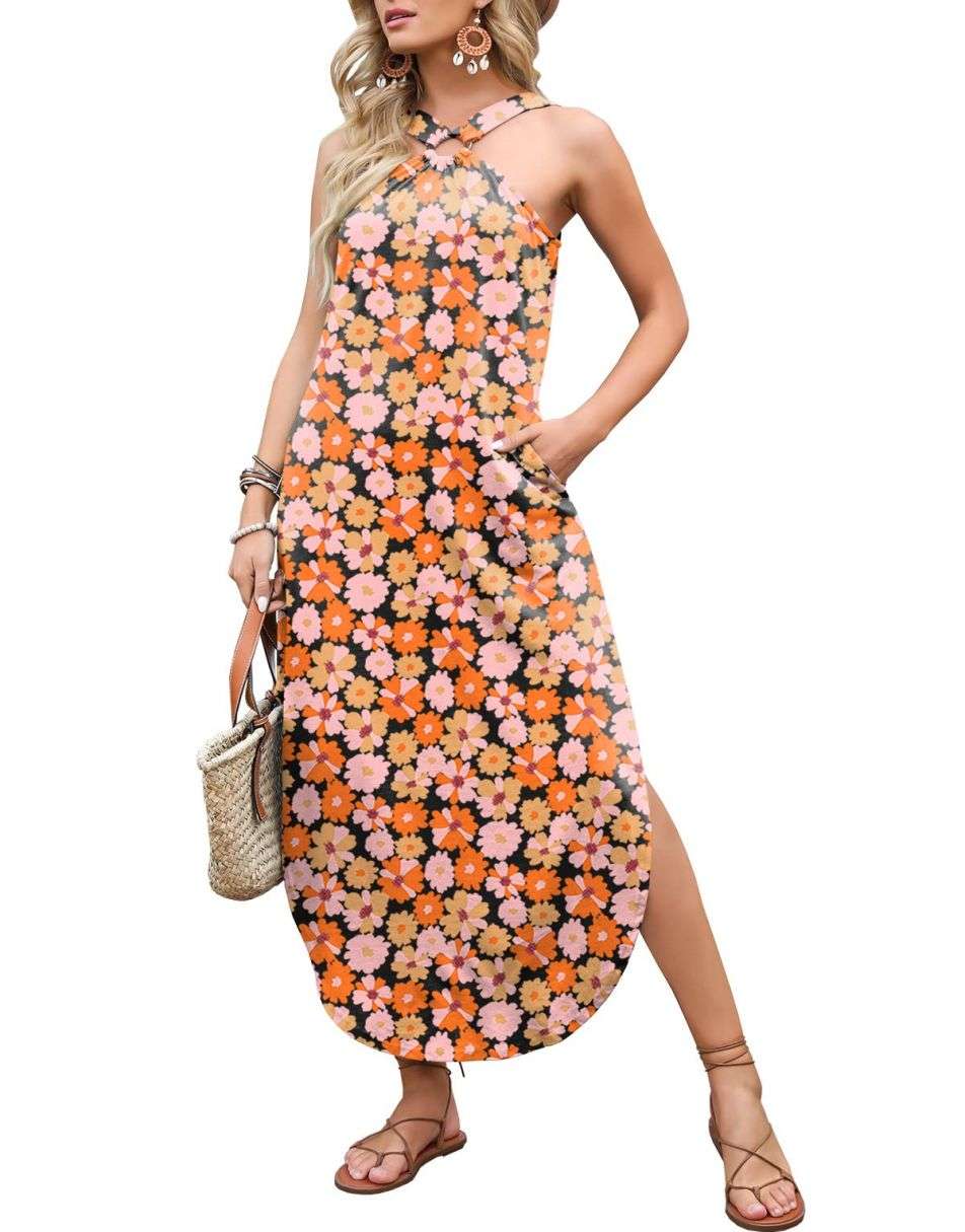 ANRABESS Criss Cross Sundress Sleeveless Split Maxi Long Beach Dress with Pockets