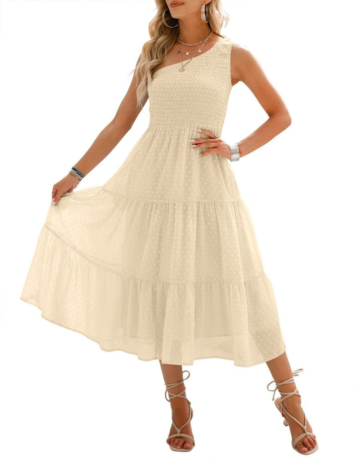 ANRABESS One Shoulder Sundress Swiss Dot  Flowy Tiered Beach Long Dress