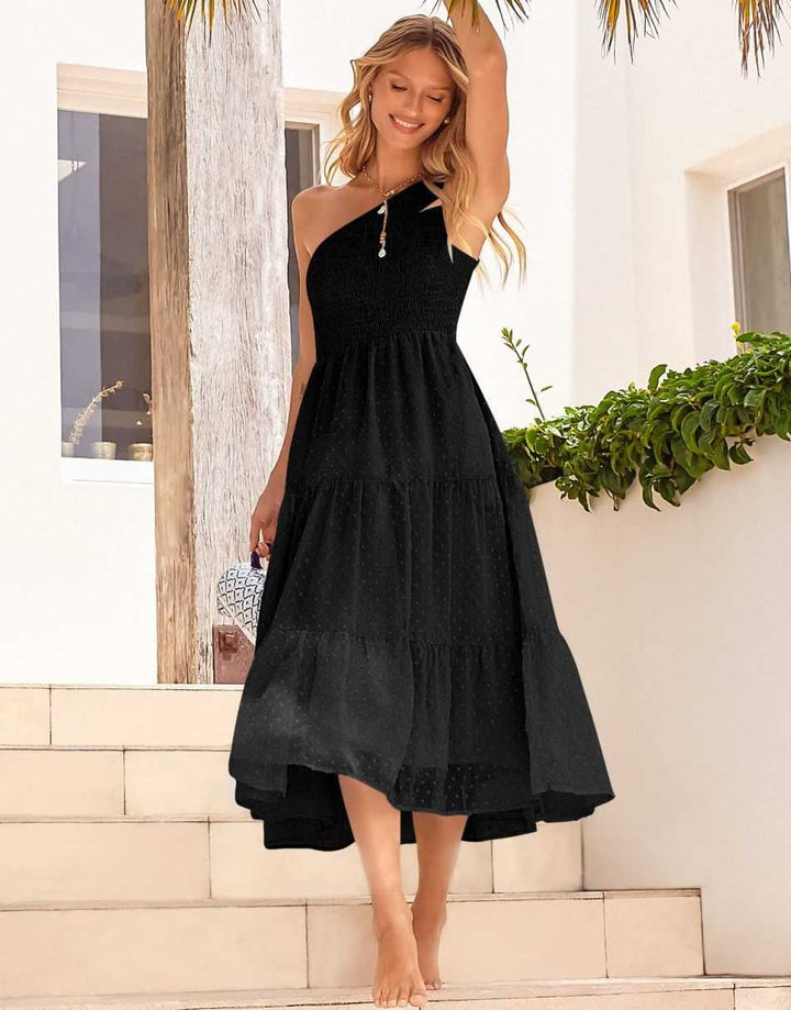 ANRABESS One Shoulder Sundress Swiss Dot  Flowy Tiered Beach Long Dress