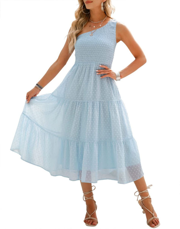 ANRABESS One Shoulder Sundress Swiss Dot  Flowy Tiered Beach Long Dress