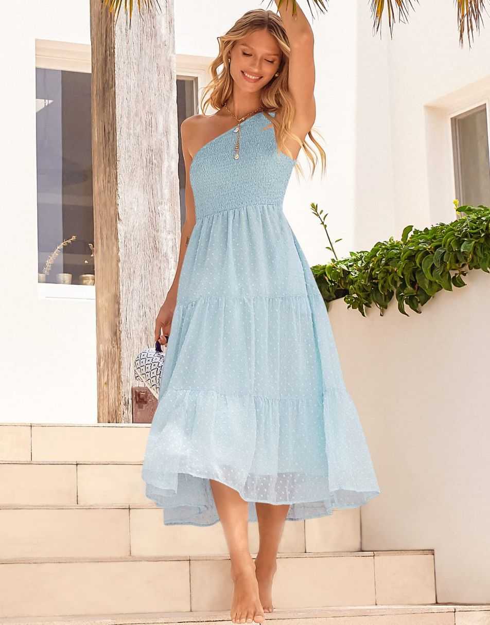 ANRABESS One Shoulder Sundress Swiss Dot  Flowy Tiered Beach Long Dress