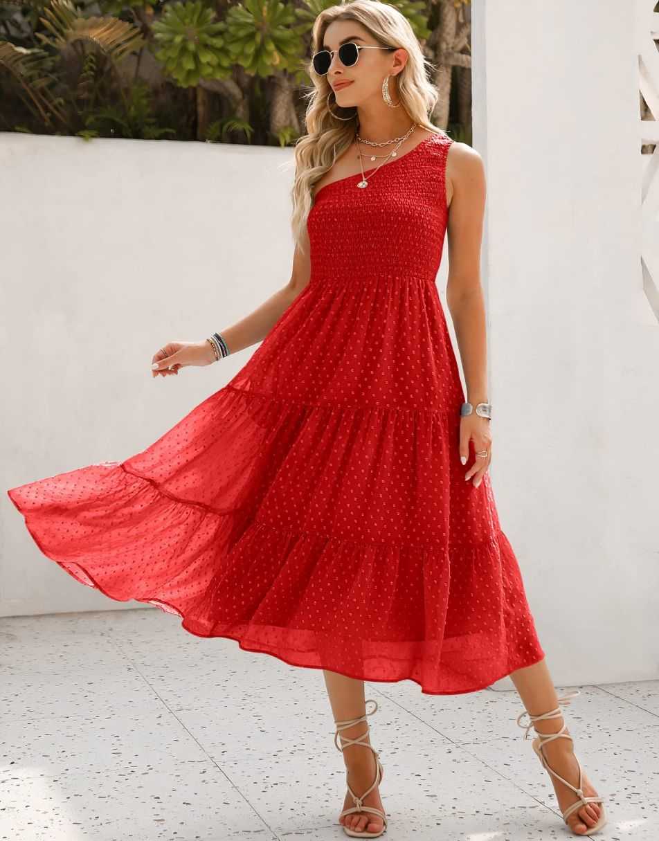 ANRABESS One Shoulder Sundress Swiss Dot  Flowy Tiered Beach Long Dress