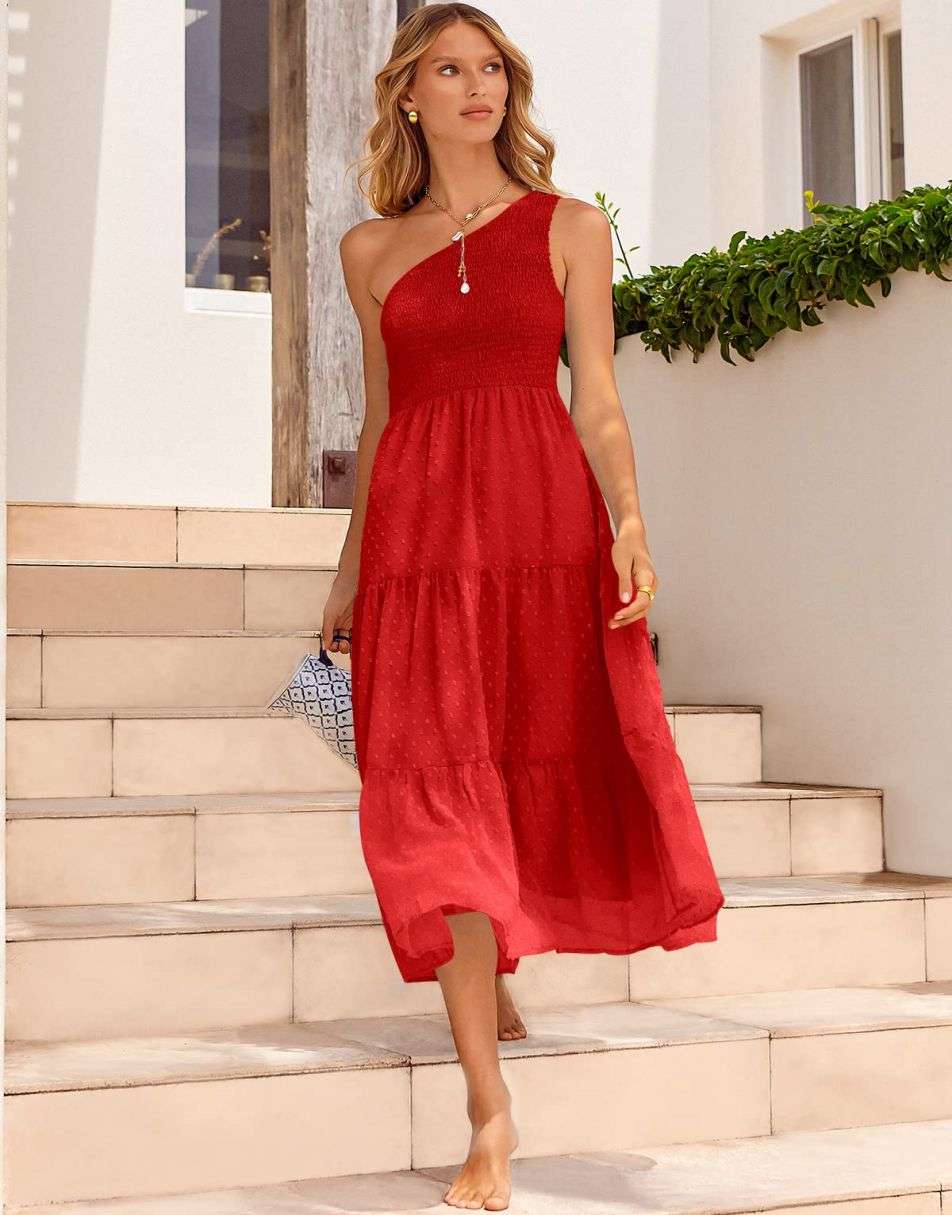 ANRABESS One Shoulder Sundress Swiss Dot  Flowy Tiered Beach Long Dress