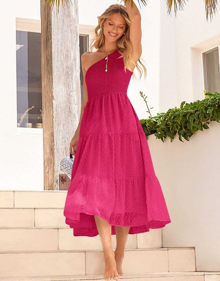 ANRABESS One Shoulder Sundress Swiss Dot  Flowy Tiered Beach Long Dress