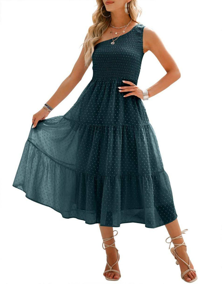 ANRABESS One Shoulder Sundress Swiss Dot  Flowy Tiered Beach Long Dress