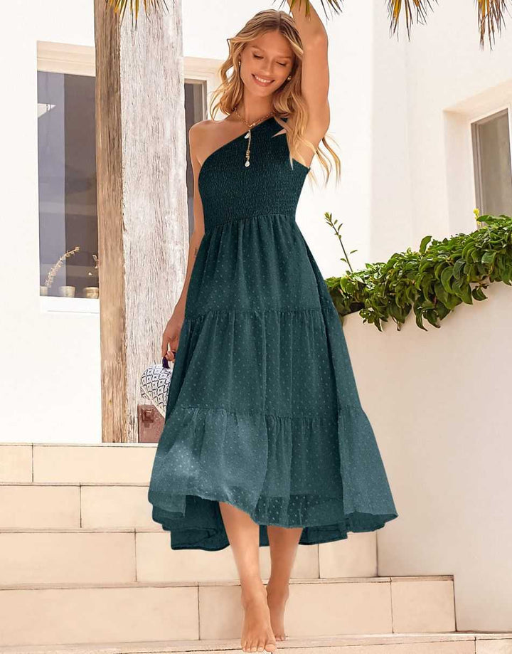 ANRABESS One Shoulder Sundress Swiss Dot  Flowy Tiered Beach Long Dress