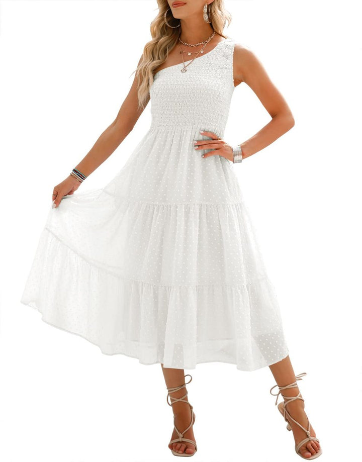 ANRABESS One Shoulder Sundress Swiss Dot  Flowy Tiered Beach Long Dress