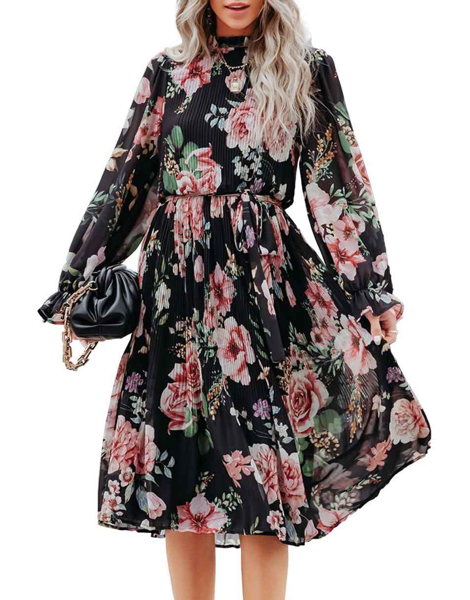 ANRABESS Women's Floral Midi Dress Puff Long Sleeve Ruffle Trim Smocke
