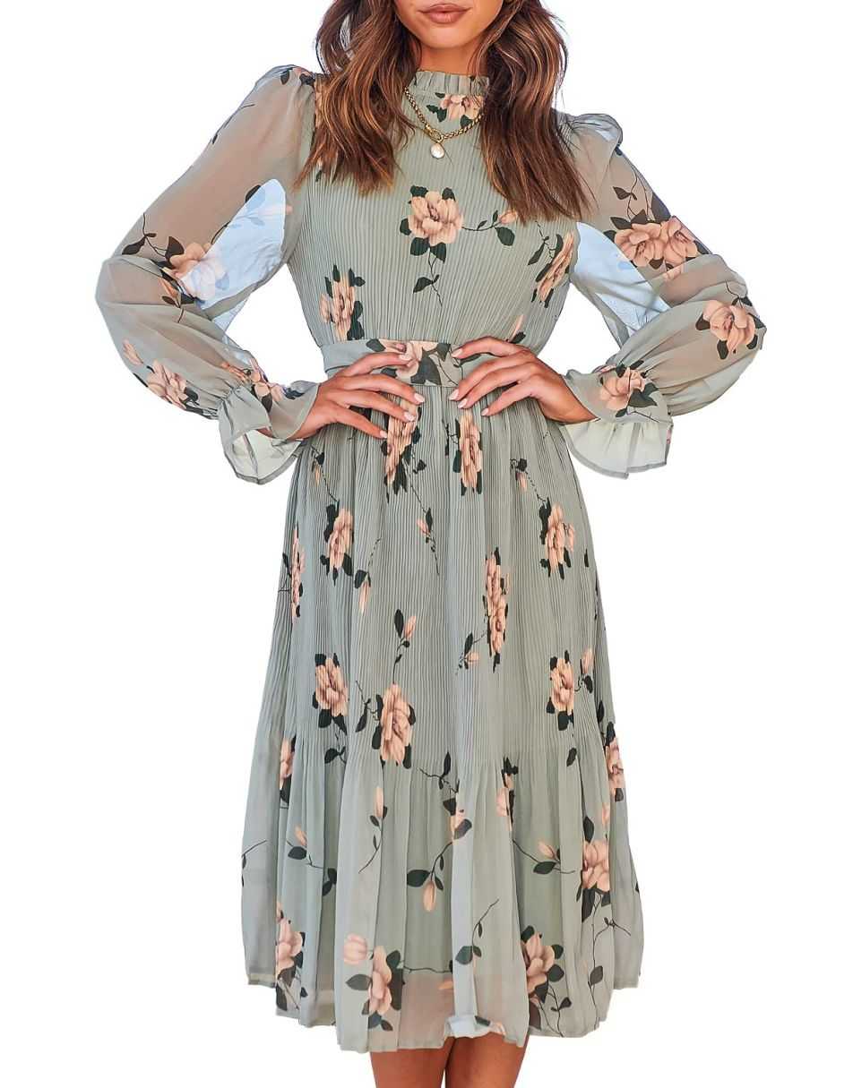 ANRABESS Women's Floral Midi Dress Puff Long Sleeve Ruffle Trim Smocke