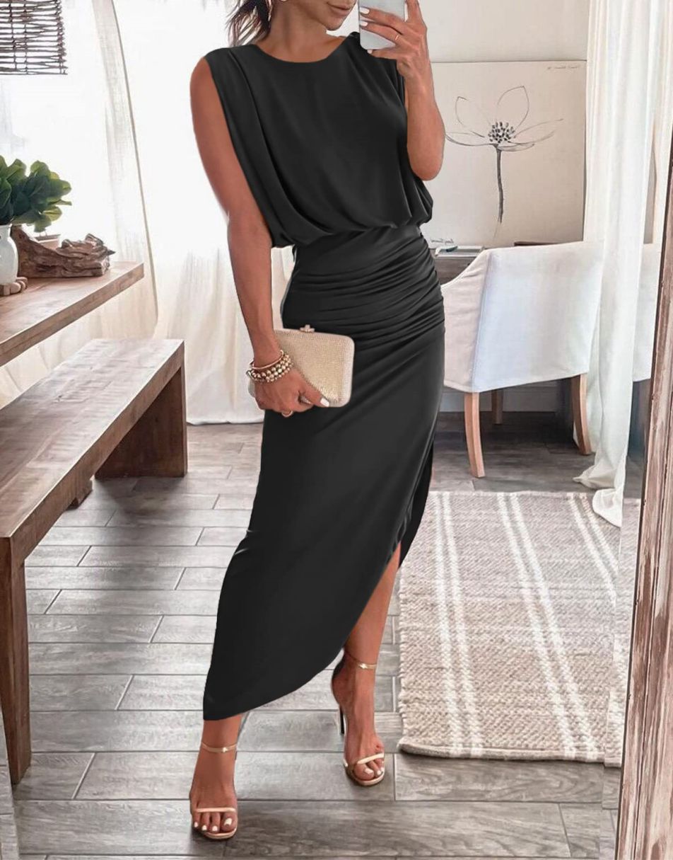 ANRABESS Women 2023 Summer Sleeveless Ruch Bodycon High Waist Asymmetric Slit Cocktail Maxi Dress