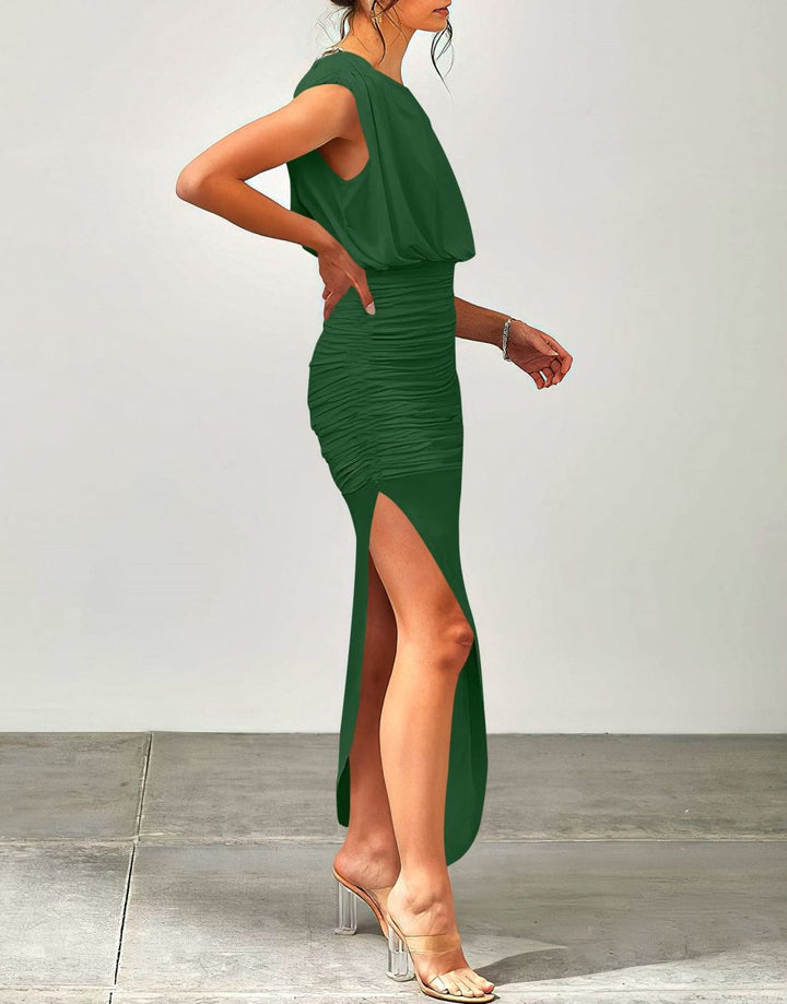 ANRABESS Women 2023 Summer Sleeveless Ruch Bodycon High Waist Asymmetric Slit Cocktail Maxi Dress