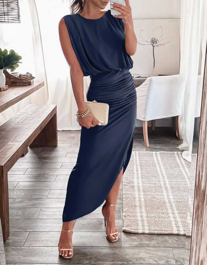 ANRABESS Women 2023 Summer Sleeveless Ruch Bodycon High Waist Asymmetric Slit Cocktail Maxi Dress