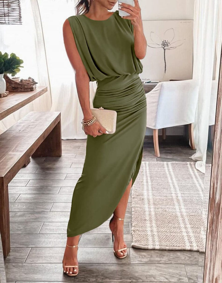 ANRABESS Women 2023 Summer Sleeveless Ruch Bodycon High Waist Asymmetric Slit Cocktail Maxi Dress