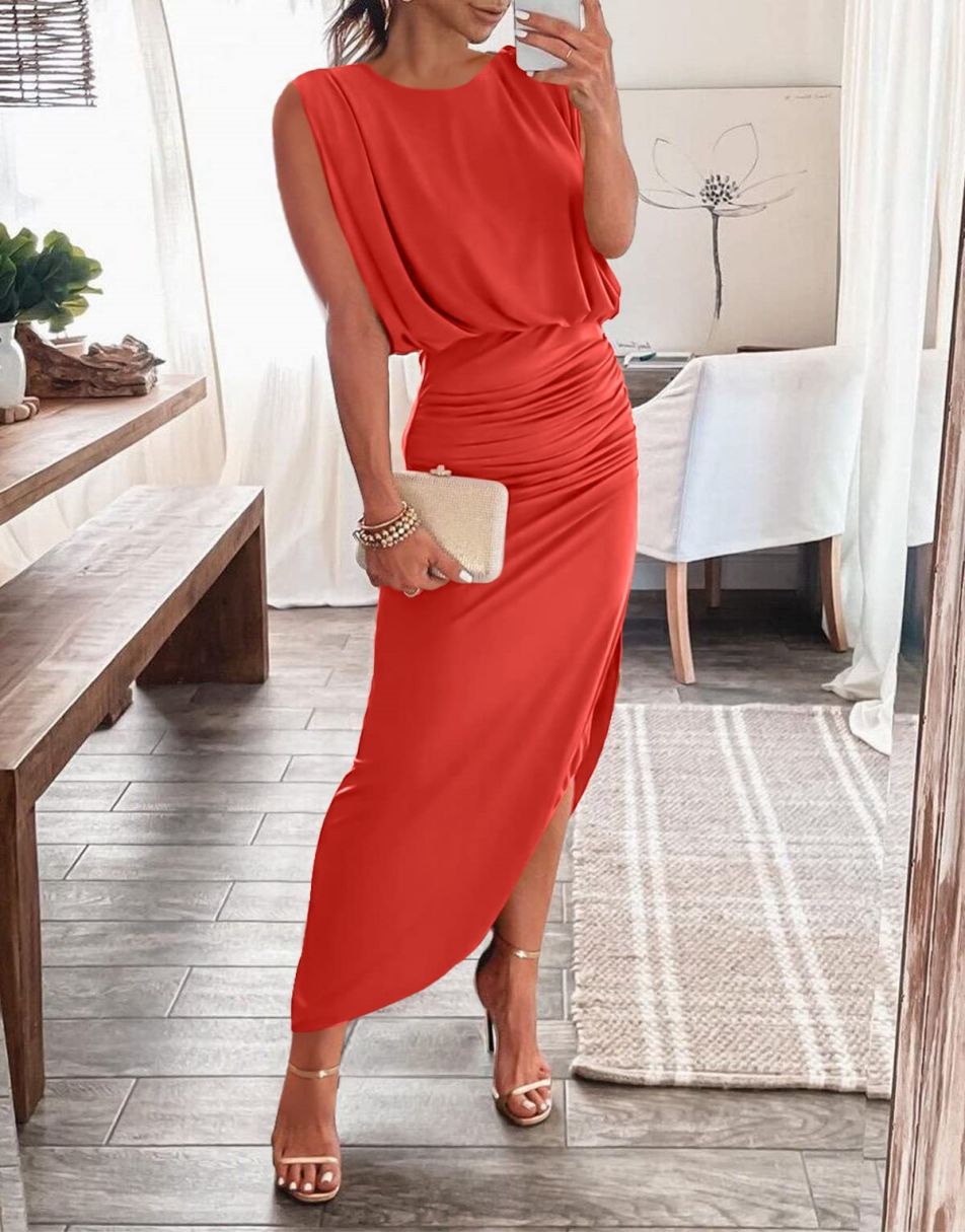 ANRABESS Women 2023 Summer Sleeveless Ruch Bodycon High Waist Asymmetric Slit Cocktail Maxi Dress