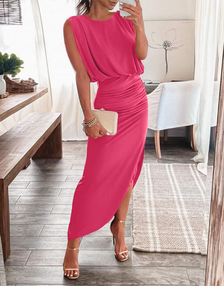 ANRABESS Women 2023 Summer Sleeveless Ruch Bodycon High Waist Asymmetric Slit Cocktail Maxi Dress