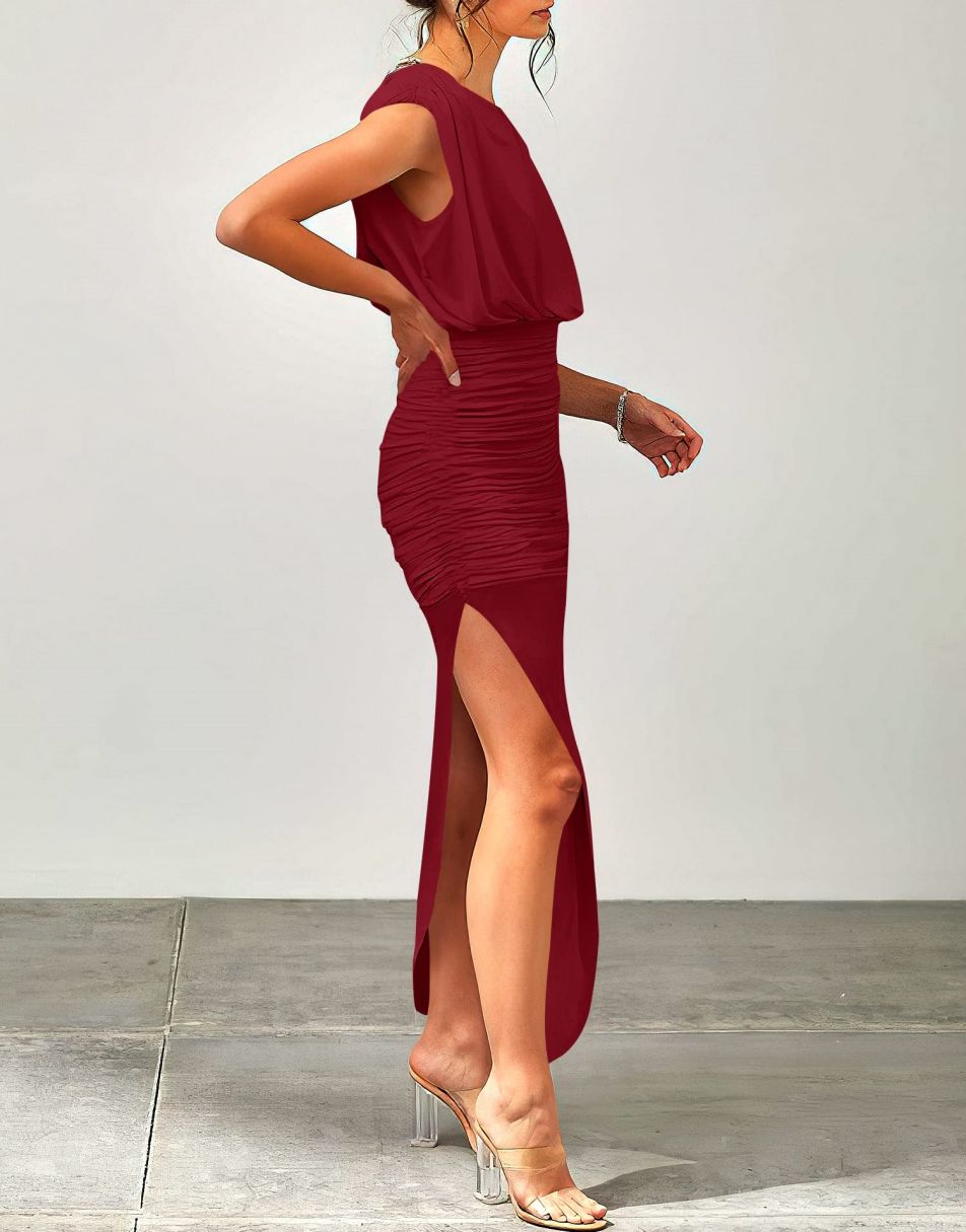 ANRABESS Women 2023 Summer Sleeveless Ruch Bodycon High Waist Asymmetric Slit Cocktail Maxi Dress