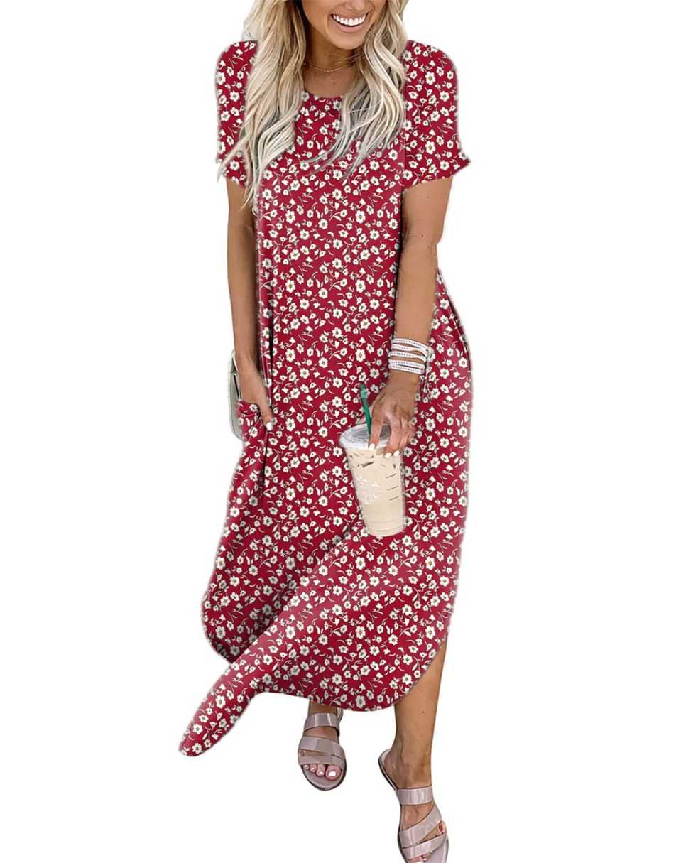 ANRABESS Short Sleeve Split Maxi Summer Long Beach Dress with Pockets