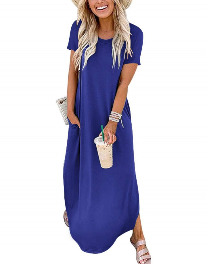 ANRABESS Short Sleeve Split Maxi Summer Long Beach Dress with Pockets