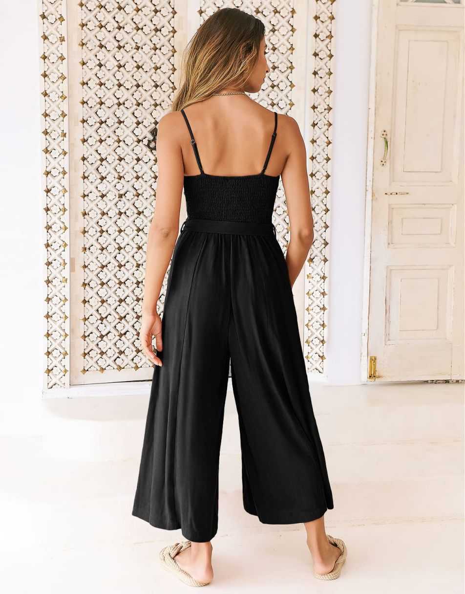 ANRABESS Spaghetti Straps V Neck Wide Leg Jumpsuits Rompers