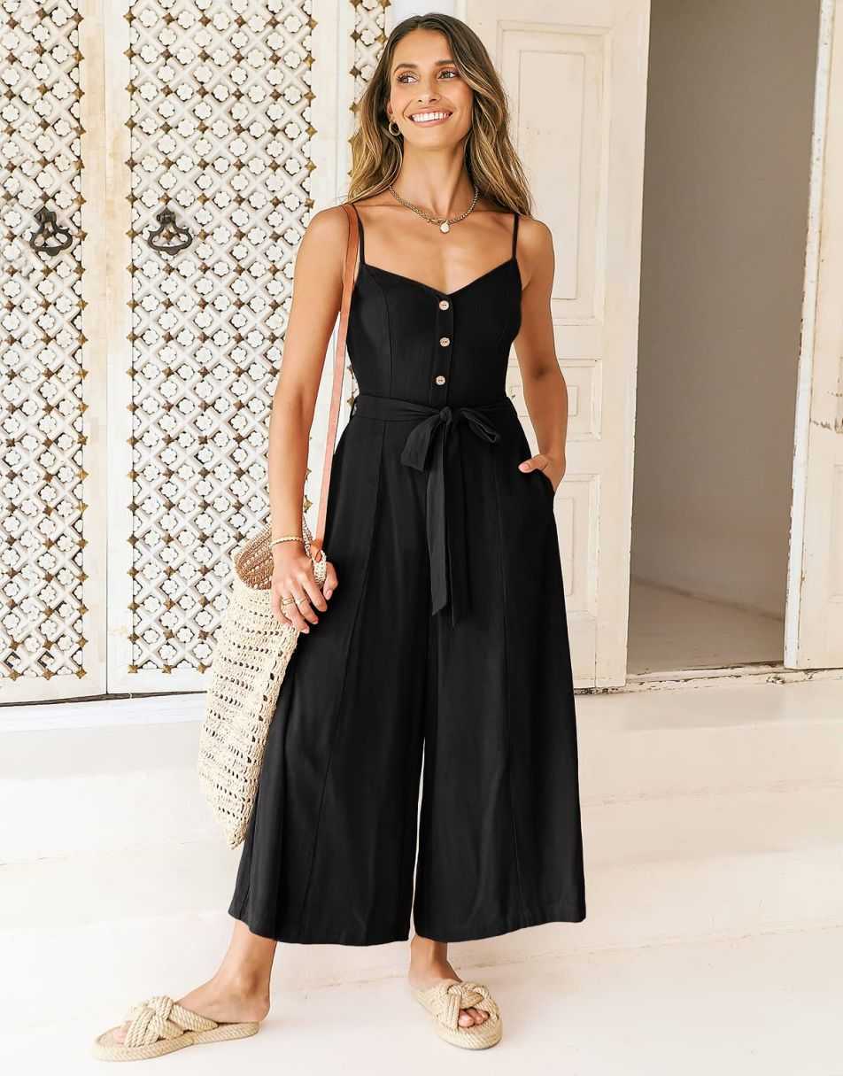 ANRABESS Spaghetti Straps V Neck Wide Leg Jumpsuits Rompers
