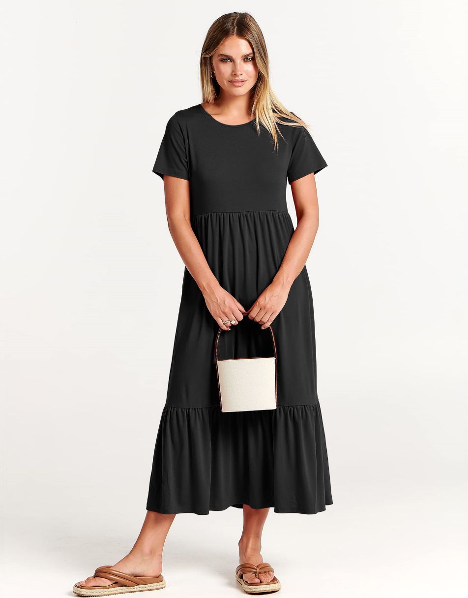 tiered t shirt midi dress Odbmxy Elbow-Length Women Midi Dress Oversized T-Shirt Dresses for Women Tiered Solid Patchwork Vintage Camping Dresses,Black XXL, Women's, Size: 2XL