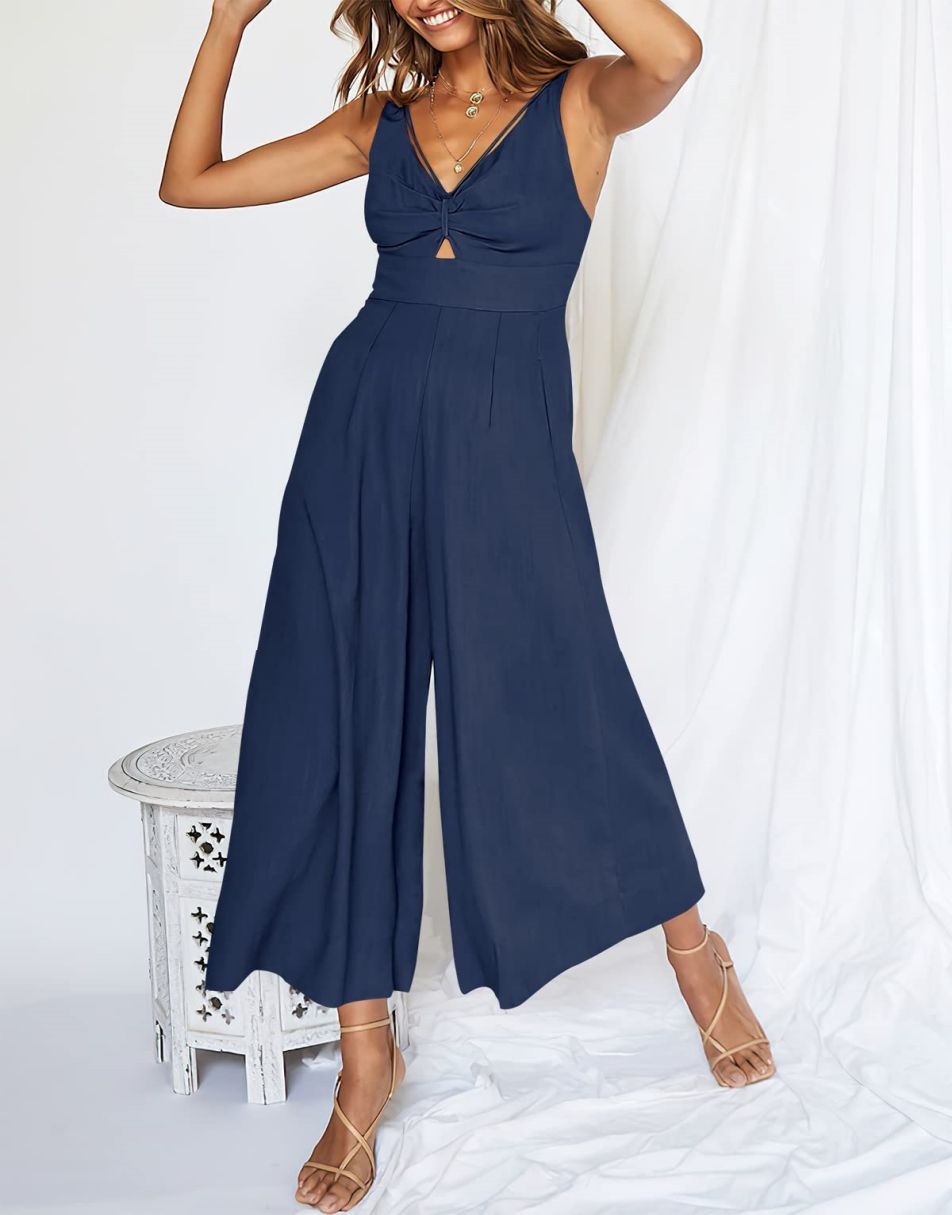 ANRABESS Wide leg Jumpsuits V Neck Smocked Cutout High Waist adjustabl