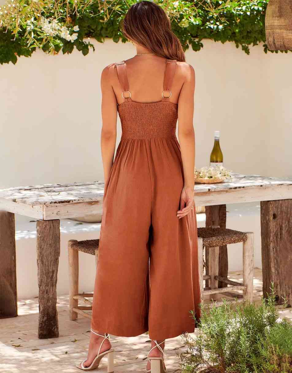 ANRABESS Wide leg Jumpsuits V Neck Smocked Cutout High Waist