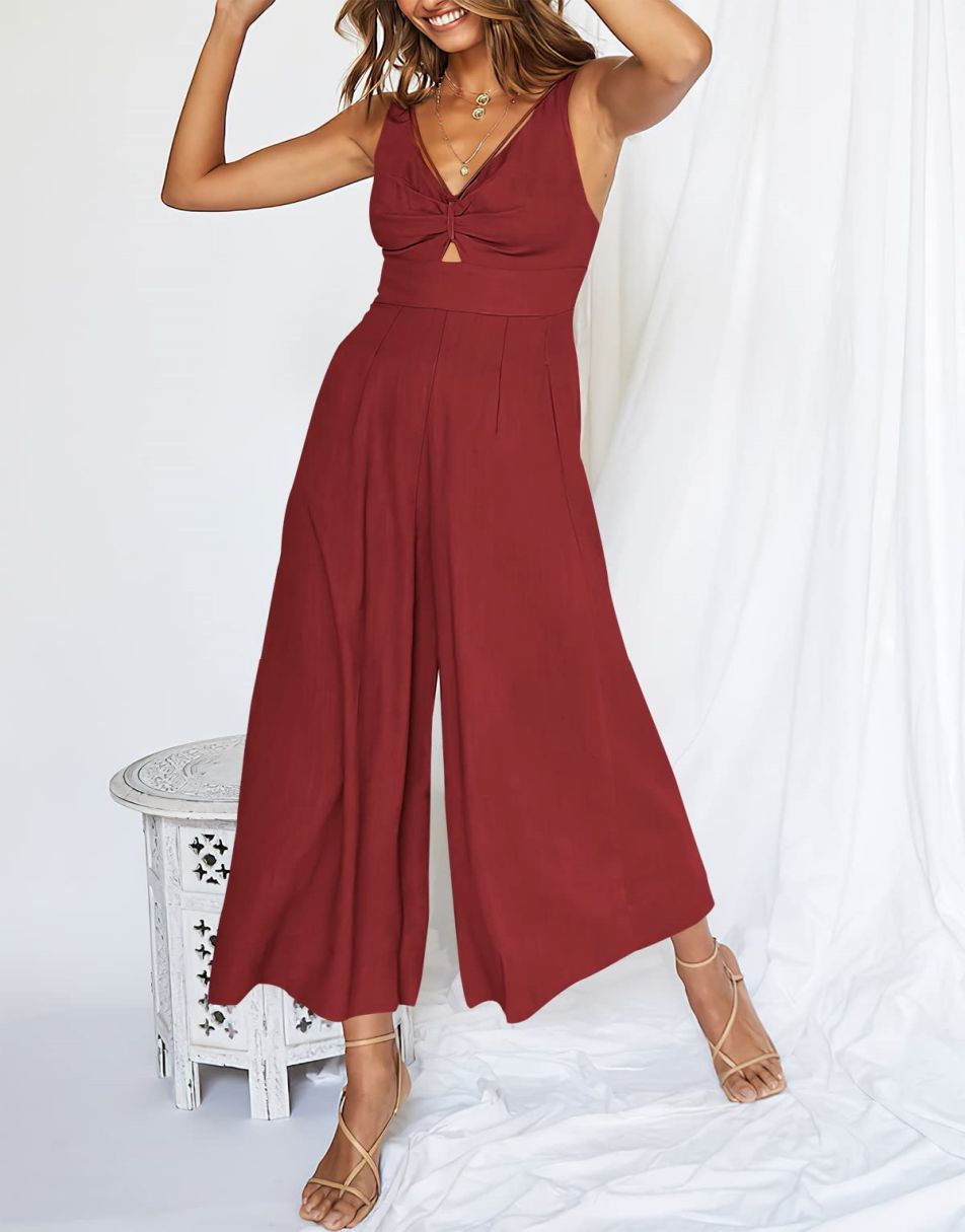 ANRABESS Wide leg Jumpsuits V Neck Smocked Cutout High Waist