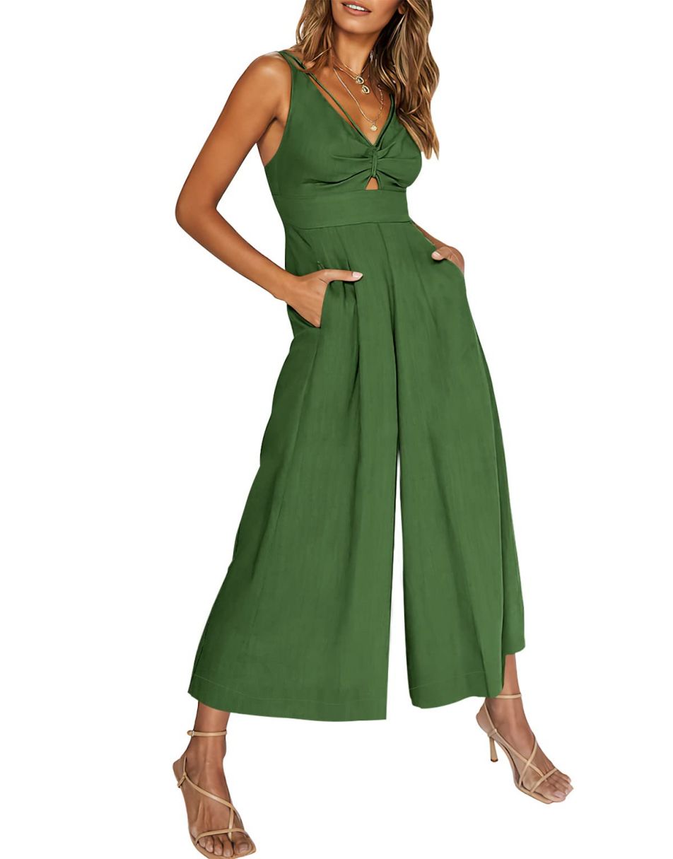 ANRABESS Wide leg Jumpsuits V Neck Smocked Cutout High Waist