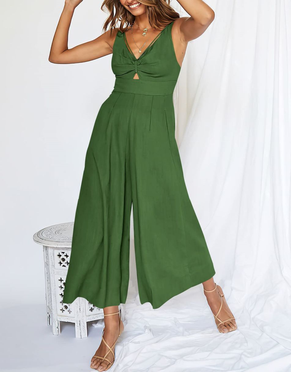 ANRABESS Wide leg Jumpsuits V Neck Smocked Cutout High Waist adjustabl