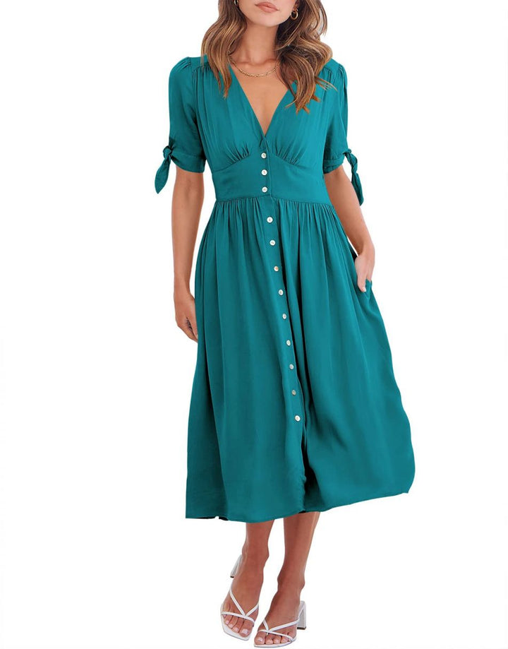 ANRABESS Women’s 2023 Summer Deep V Neck Button Down A-Line Midi Dress