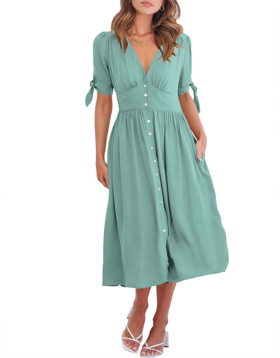 ANRABESS Women’s 2023 Summer Deep V Neck Button Down A-Line Midi Dress