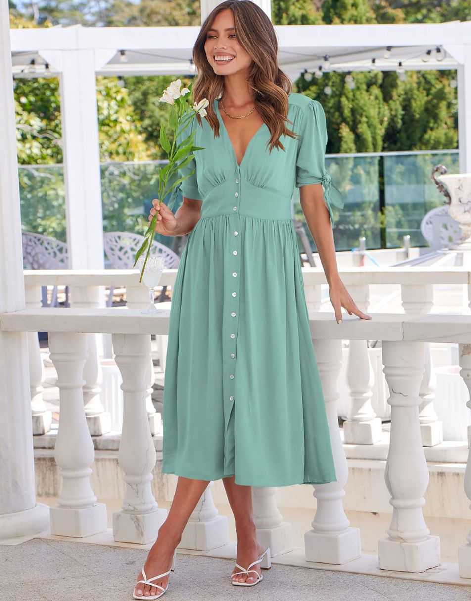 ANRABESS Women’s 2023 Summer Deep V Neck Button Down A-Line Midi Dress