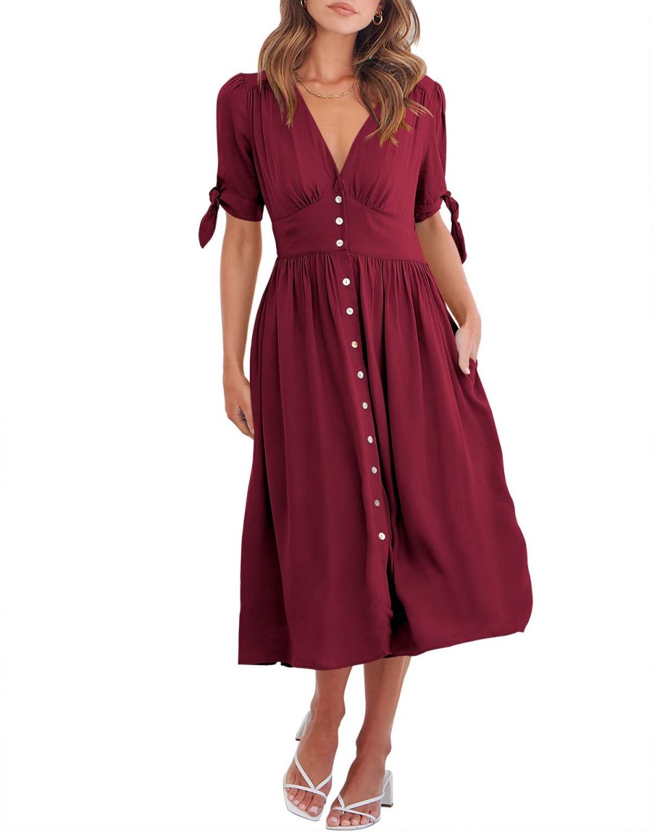 ANRABESS Women’s 2023 Summer Deep V Neck Button Down A-Line Midi Dress