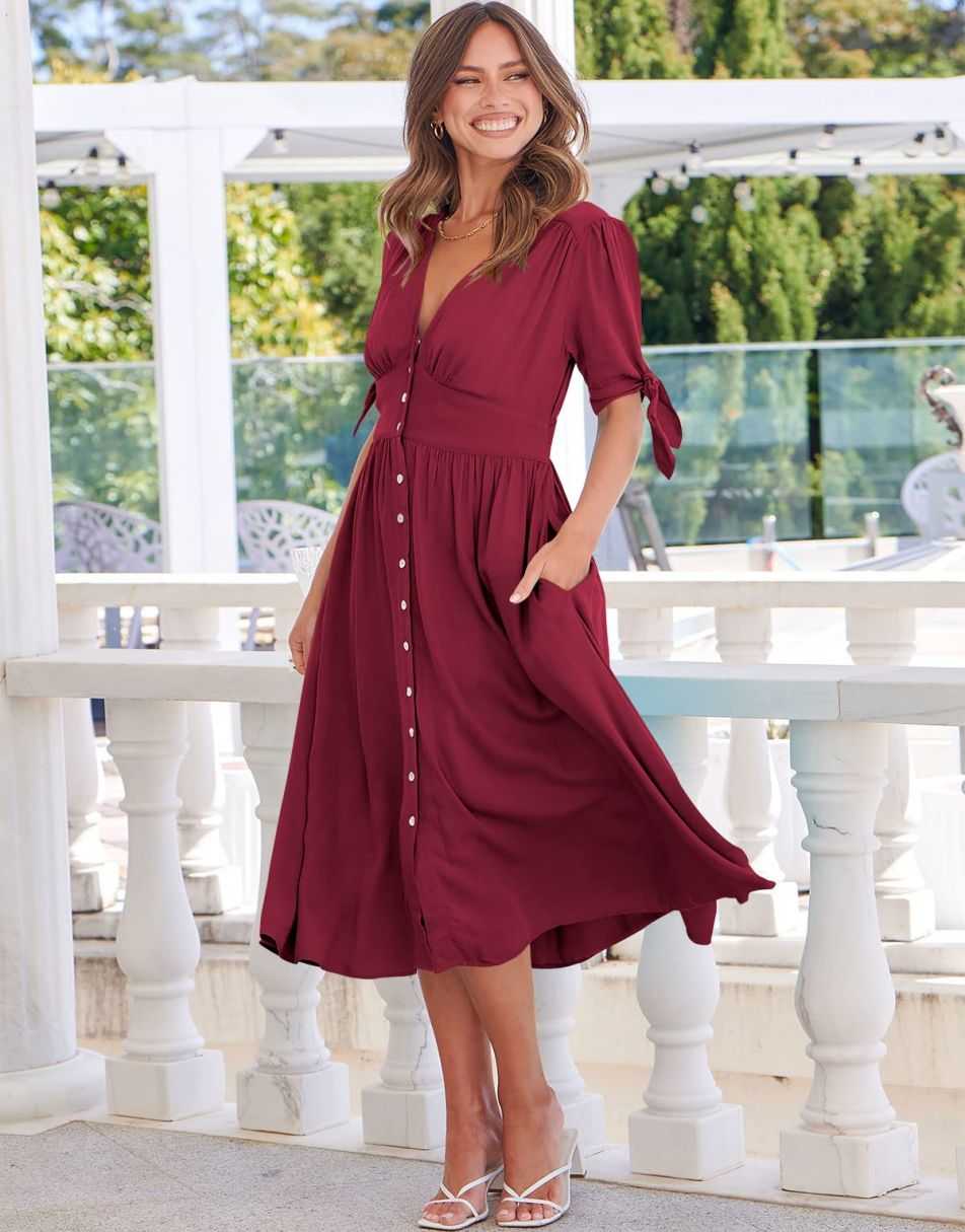 ANRABESS Women’s 2023 Summer Deep V Neck Button Down A-Line Midi Dress