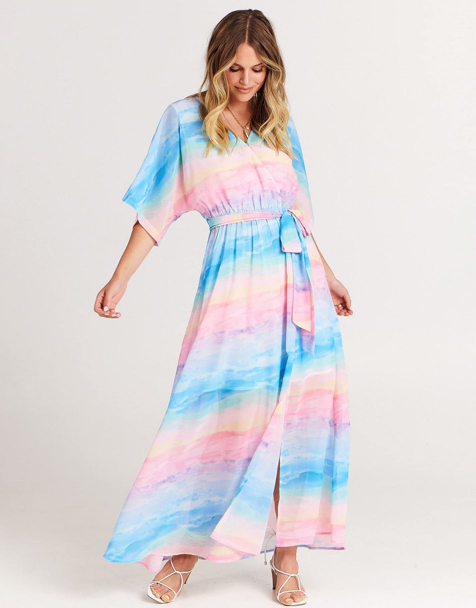 ANRABESS Women’s Summer Loose Kimono Wrap V Neck 3/4 Sleeve Floral Print Slit Long Dresses