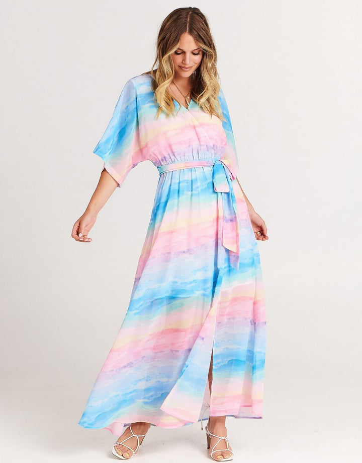 ANRABESS Women’s Summer Loose Kimono Wrap V Neck 3/4 Sleeve Floral Print Slit Long Dresses