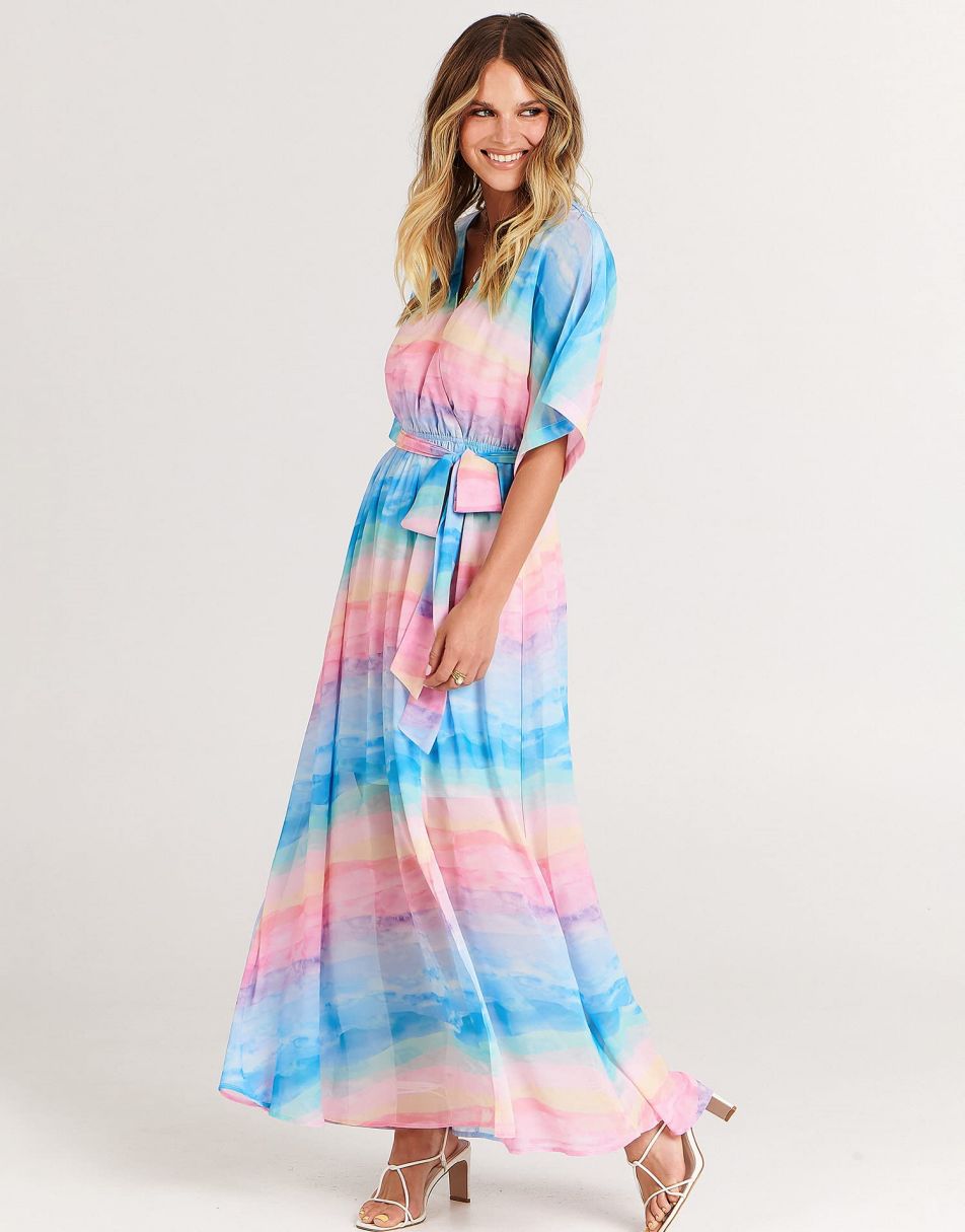 ANRABESS Women’s Summer Loose Kimono Wrap V Neck 3/4 Sleeve Floral Print Slit Long Dresses