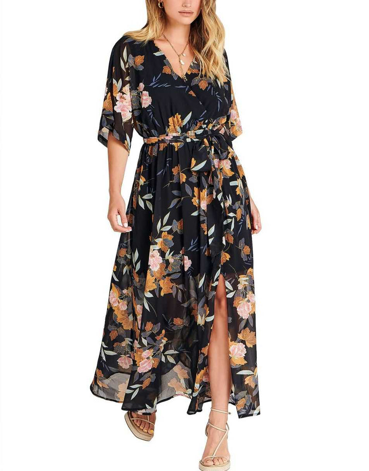 ANRABESS Women’s Summer Loose Kimono Wrap V Neck 3/4 Sleeve Floral Print Slit Long Dresses