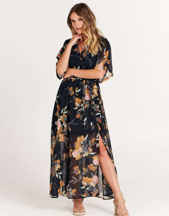 ANRABESS Women’s Summer Loose Kimono Wrap V Neck 3/4 Sleeve Floral Print Slit Long Dresses